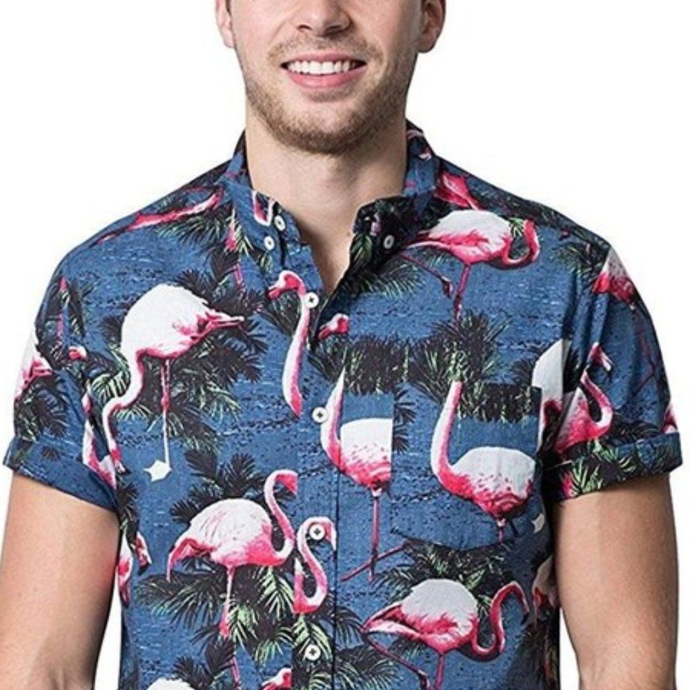 NEW Brooklyn Flamingo Mens Button Down Shirt‎ Medium Short Sleeve Reverse print